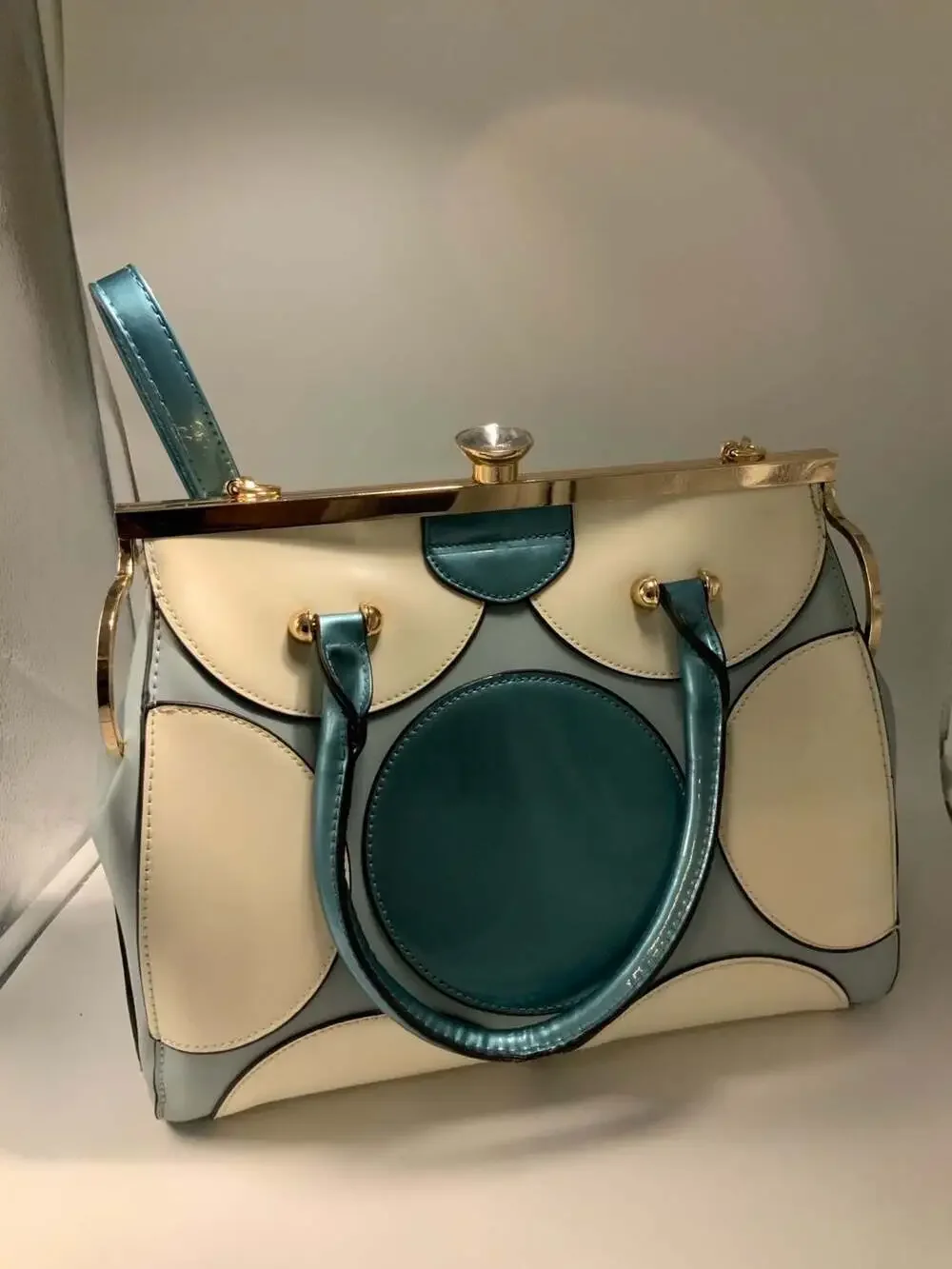 Retro Blue and White Polka Dot Kiss Lock Frame Satchel Handbag